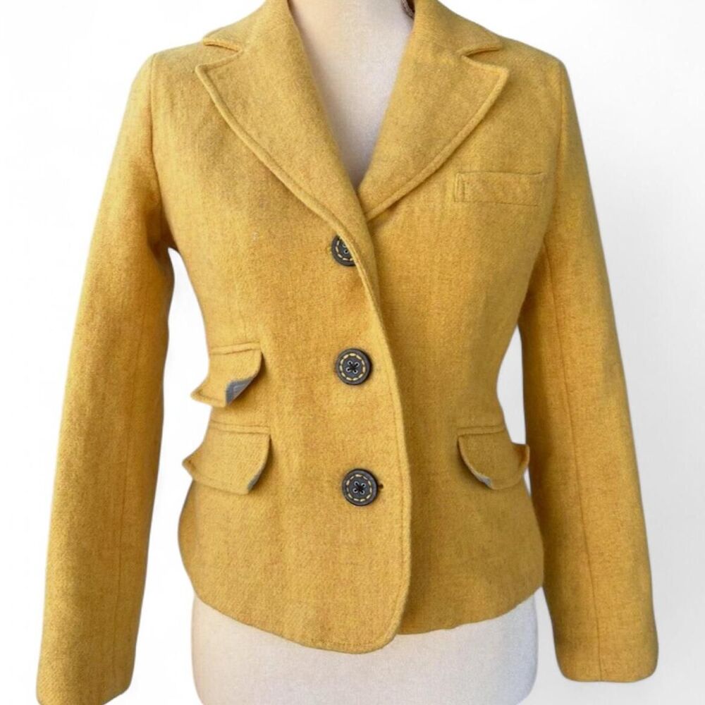 100% Shetland Wool Yellow Blazer W/ Statement Buttons Asymmetrical Pockets